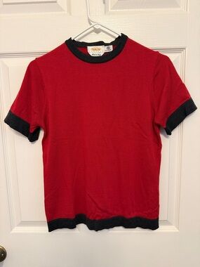 Size L Talbots Italian Red Wool Short Sleeve Ringer Tee with Grey Trim